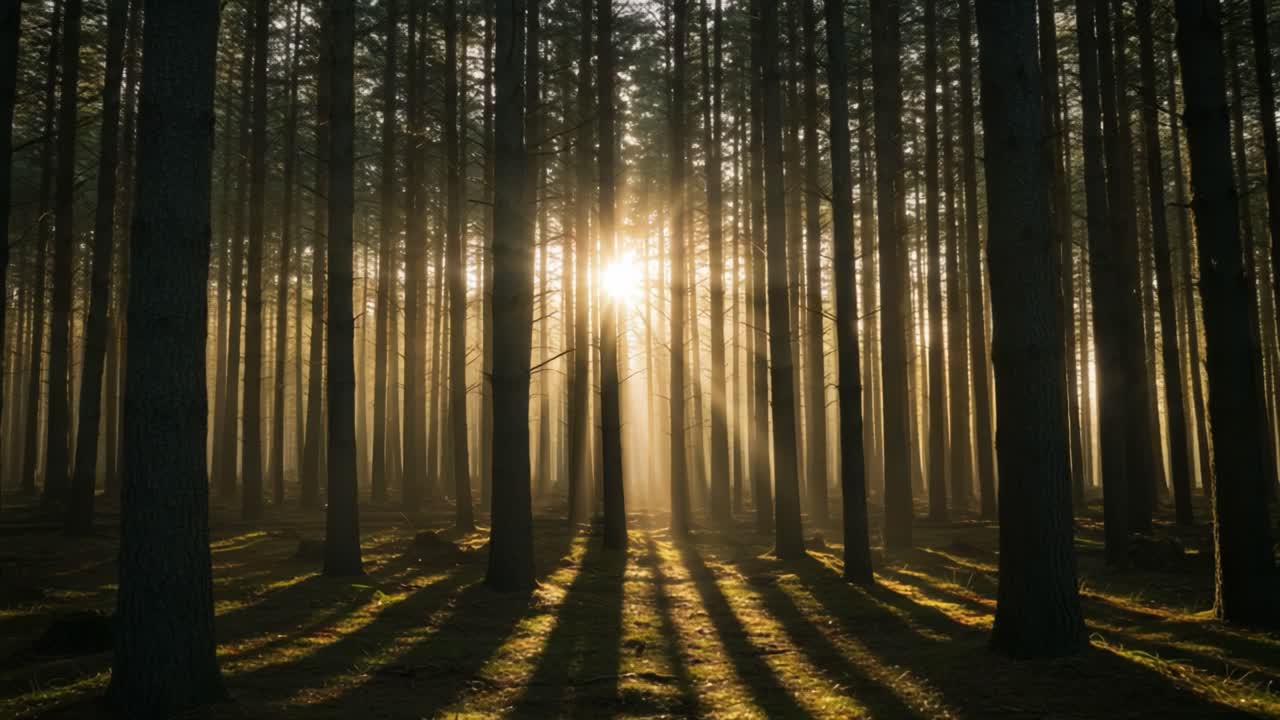 A Tranquil Forest Scene: Capturing the Dappled Light Streaming Through Tall Trees in a Serene Woodland Setting, Evoking a Sense of Calm and Peace