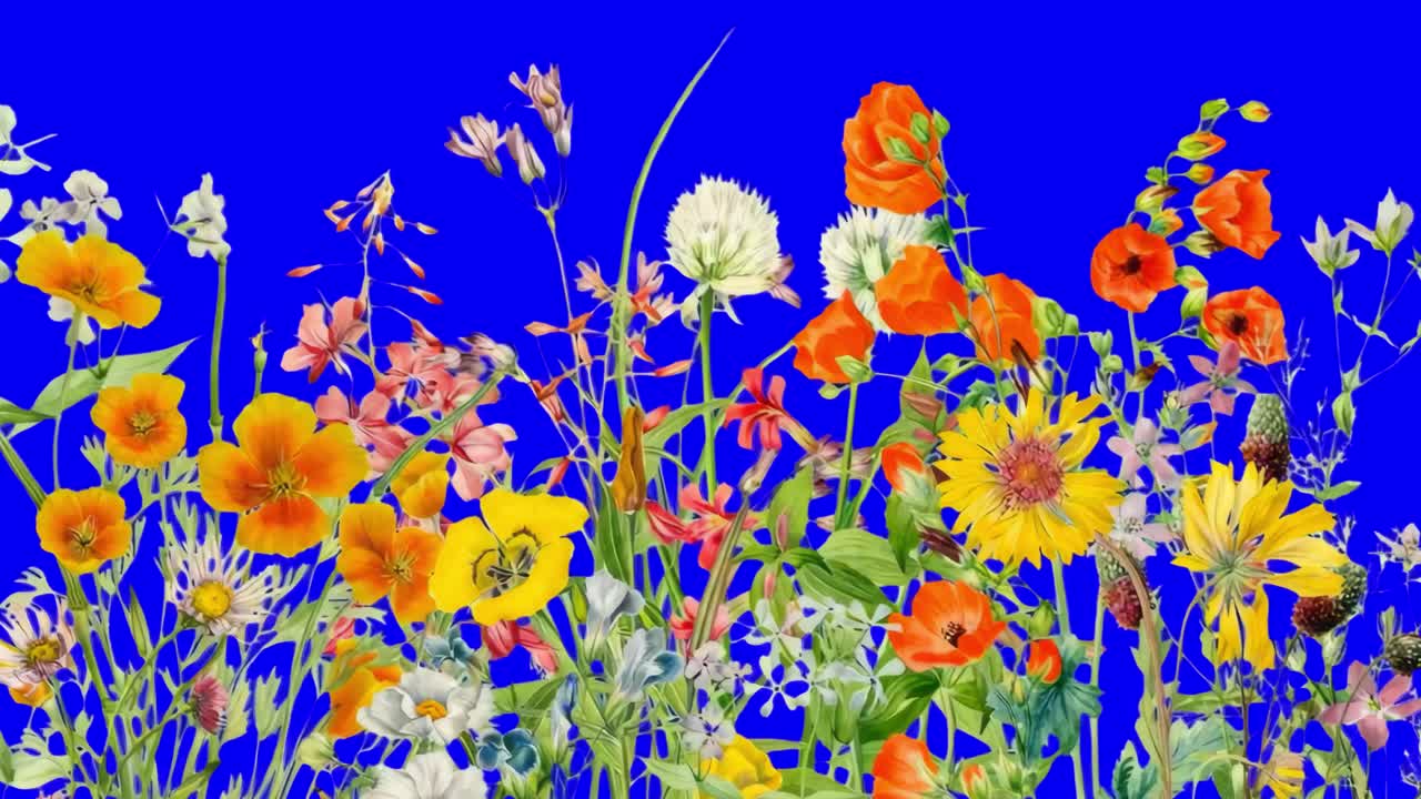 Wildflower border animation, transparent 4K video, green screen