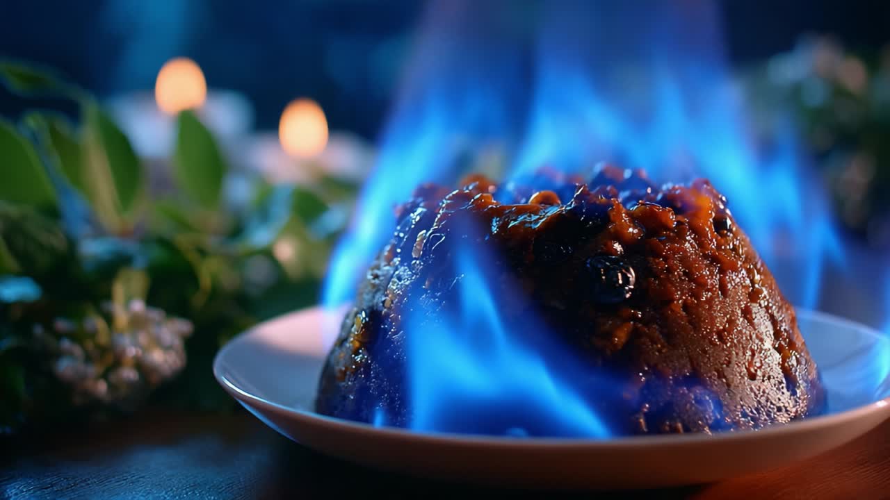 A Dramatic Culinary Masterpiece: A Flaming Dessert Evoking a Magical Atmosphere with its Iridescent Blue Flames Dancing, Enhancing the Presentation of the Deliciously Cooked Sweet Treat in a Softly Lit Setting