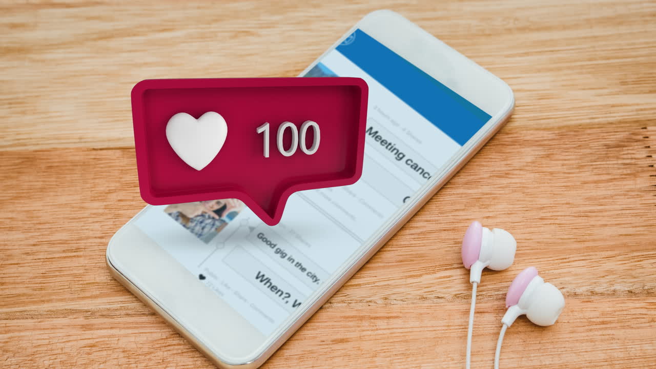 디지털 애니메이션은 소셜 미디어 심장 아이콘과 함께 스마트폰과 이어폰을 보여줍니다.