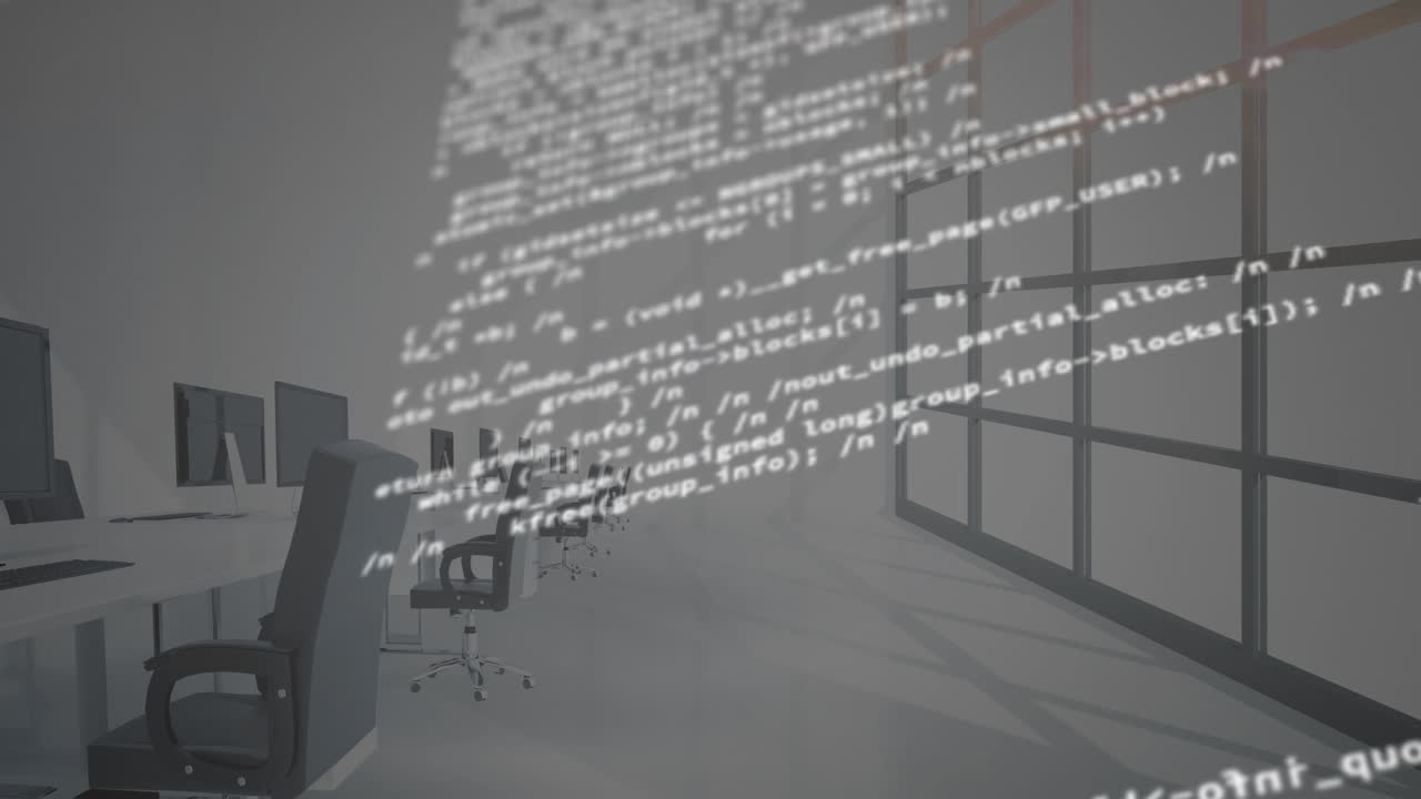 디지털 데이터 프로세싱의 디지털 구성과 배경의 비어있는 사무실