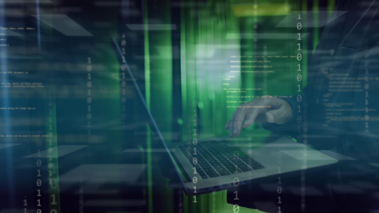 Animation of data processing and binary data over asian man using laptop