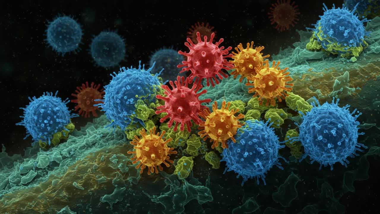 A Stunning Visual of Cellular Interactions Depicting Colorful Organic Structures, Highlighting the Complexity of Microbial Life and Its Intricate Relationships in Nature