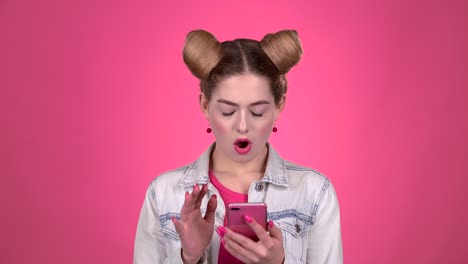 teenage girl with pink phone