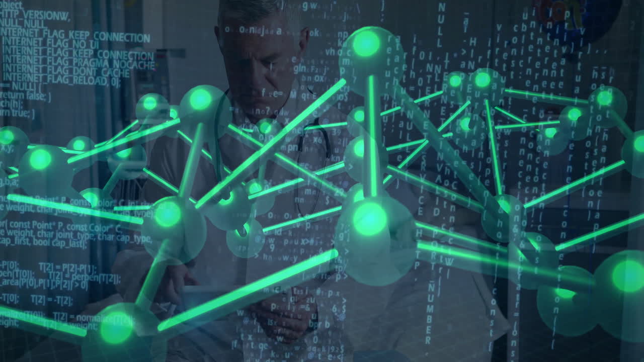 Senior male doctor tapping tablet in medical office, displaying glowing green network nodes overlay