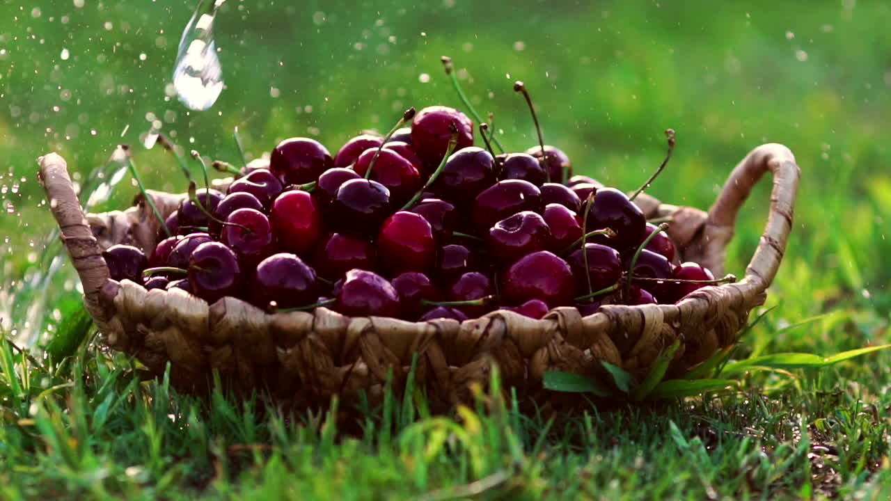 lavado de cerca bajo agua corriente bayas de cerezas rojas en cestas de pie en la hierba verde