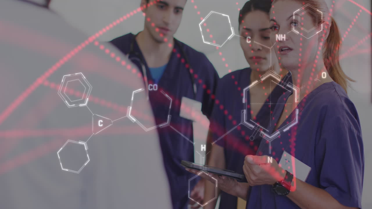 animación de estructuras celulares y procesamiento de datos sobre diversos médicos femeninos y masculinos en discusión.