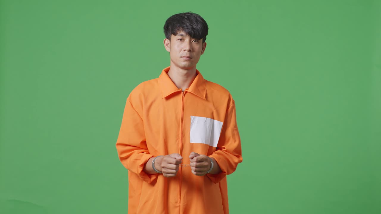손을 은 아시아 남성 수감자가 녹색 화면 배경에서 고 있습니다.