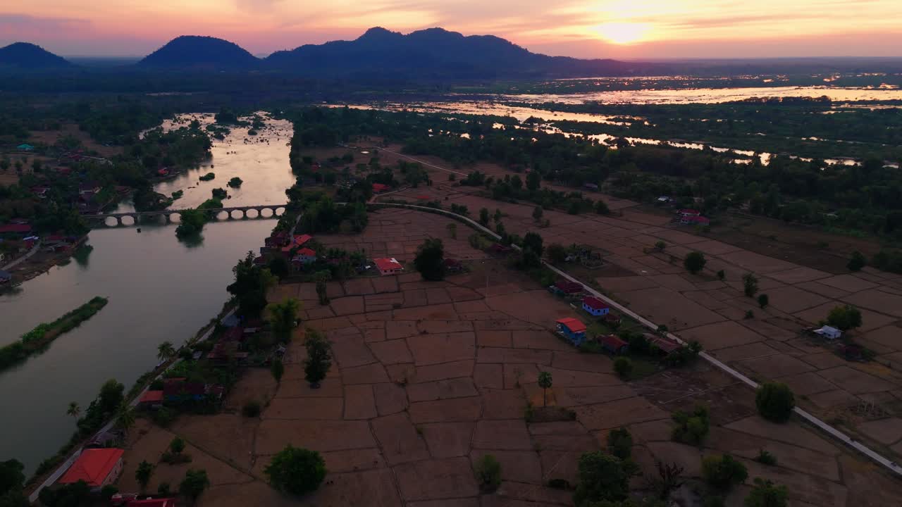 don det island Laos aerial sunset view 4000 islands on Mekong river drone above 4 thousand island