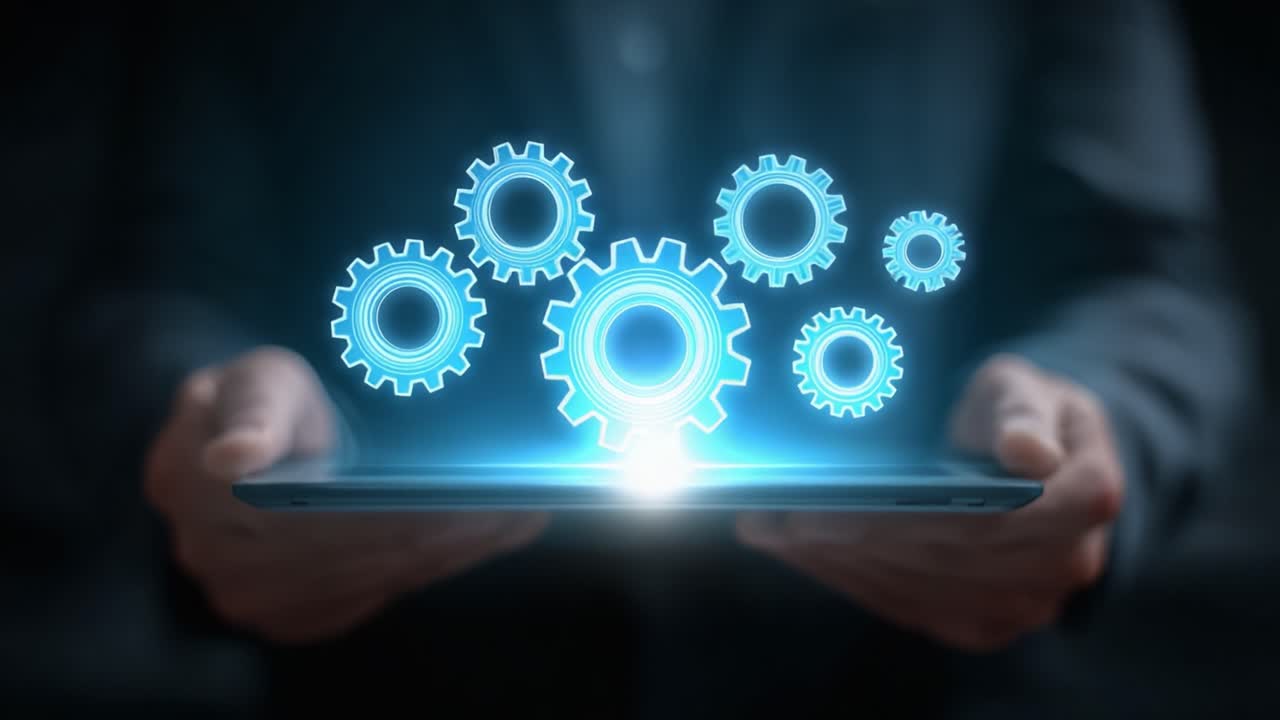 Innovative Technology Concept: A Person Holding a Tablet Displays Animated Gears Symbolizing Automation, Engineering, and Digital Transformation in a Modern Setting