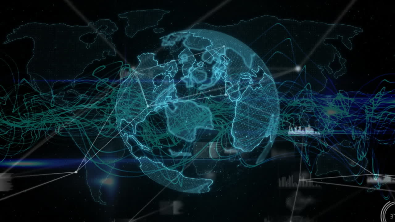 검은색 배경에 연결 및 데이터 처리를 가진 지구의 애니메이션