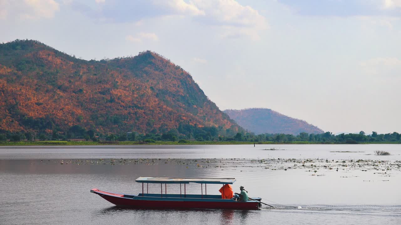 Medium Exterior Shot of Boats on Lake and Mountain