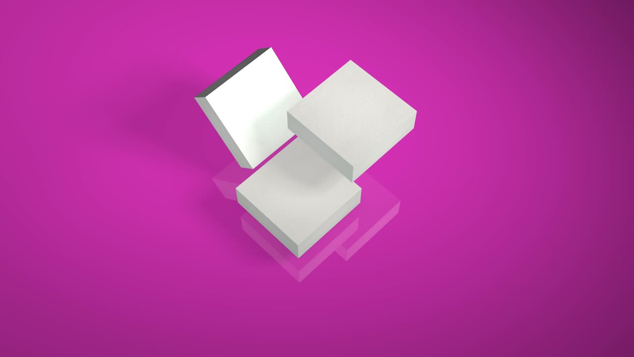 cubo blanco gira marcos 3d. movimiento isométrico del conjunto de bloques. partes del cubo, moviéndose y cambiando, aisladas en una forma geométrica de fondo rosa del bucle de construcción.