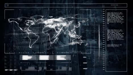 Animación-Del-Procesamiento-De-Datos-Con-Mapa-Mundial-Y-Escaneo-De-Alcance-Sobre-El-Paisaje-Urbano