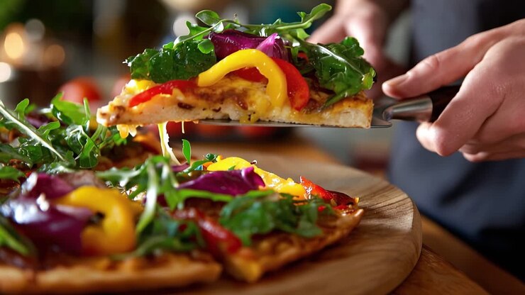 Primo piano di una mano che serve una deliziosa fetta di pizza fresca alle verdure.