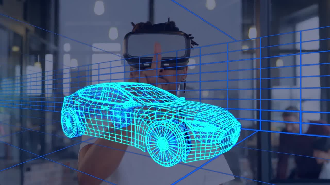 animación de dibujo 3d digital de un coche sobre un hombre usando auriculares vr
