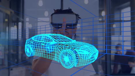 Animation-Einer-Digitalen-3D-Zeichnung-Eines-Autos-über-Einem-Mann-Mithilfe-Eines-VR-Headsets