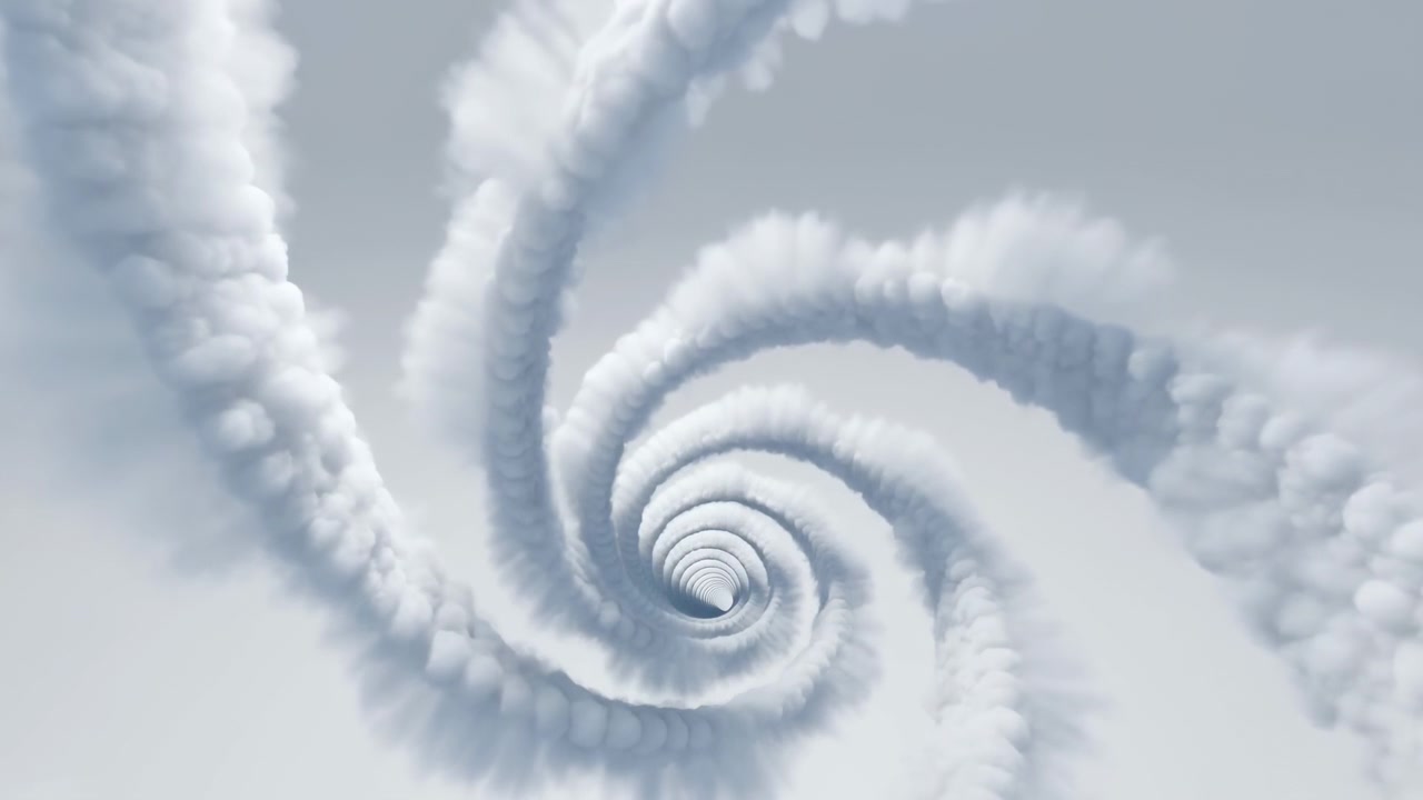 Spesse colonne di vapore segmentate si arricciano verso l'interno per formare un profondo tunnel elicoidale visto leggermente fuori centro, con volute arrotondate, strati gonfi, texture granulare, tenui toni blu-grigi e una calma profondità astratta