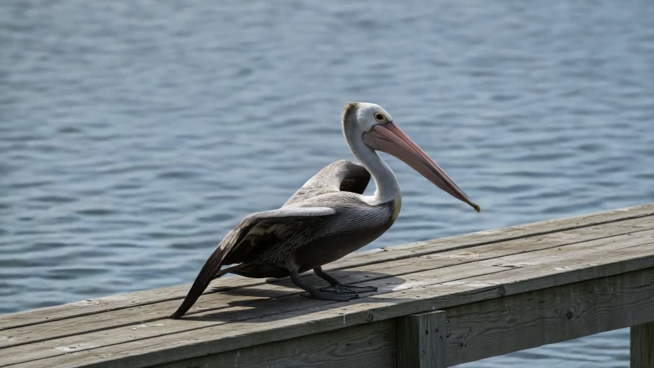 A Majestic Pelican Spreading Its Wings on a Wooden Dock Overlooking Calm Waters, Showcasing the Beauty of Nature and Wildlife in a Serene Environment