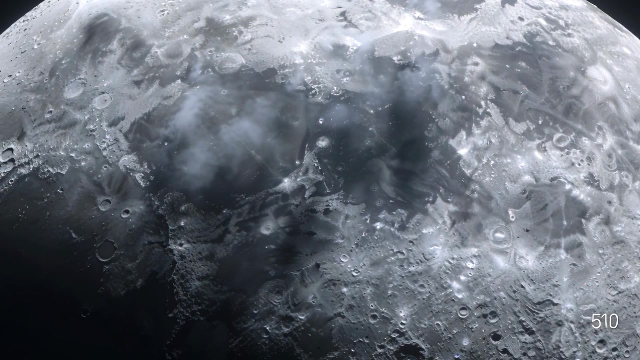 Strisce scure in movimento attraversano la superficie lunare mentre la luce solare mutevole rivela crateri e una sovrapposizione 510.