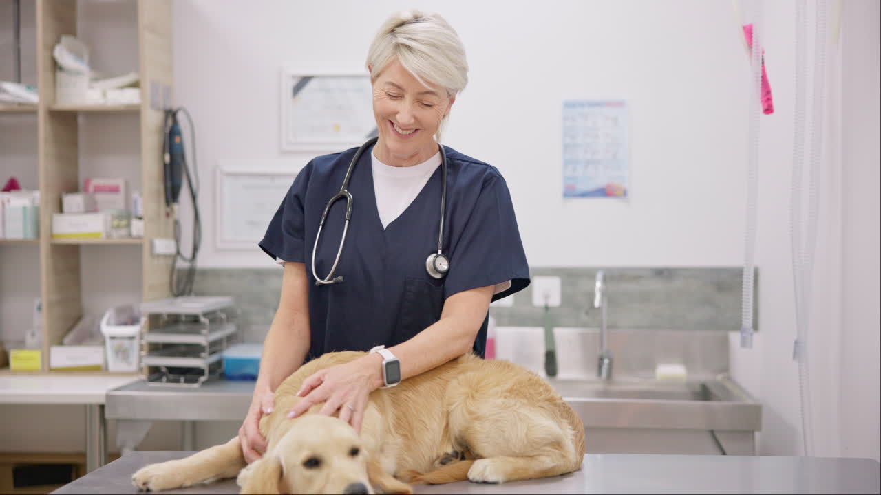 Smile, dog and old woman vet with a stethoscope