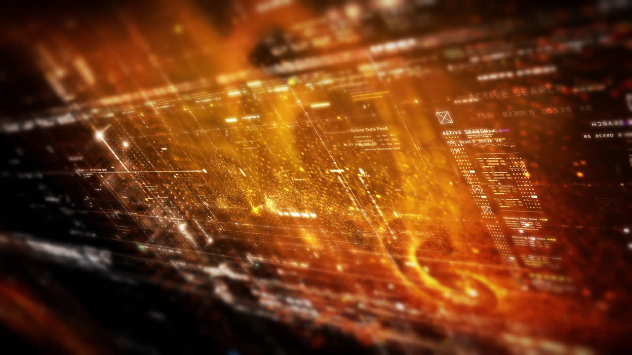 Futuristic abstract de-focus data matrix, meta, metaverse, telemetry and encrypt numbers display with particles simulation in cyber space environment for head up display background