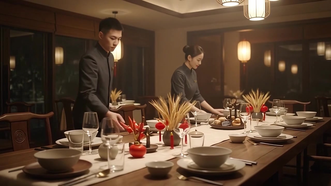 Restaurant Staff Setting Table for Fine Dining in Traditional Chinese Restaurant