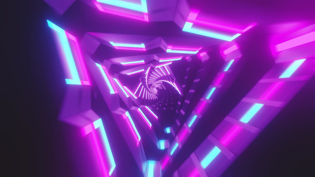 volando a través de triángulos de neón rotativos metálicos brillantes que crean un túnel, espectro azul rojo rosa violeta, luz ultravioleta fluorescente, iluminación moderna de colores, animación de bucle sin costuras de 4k