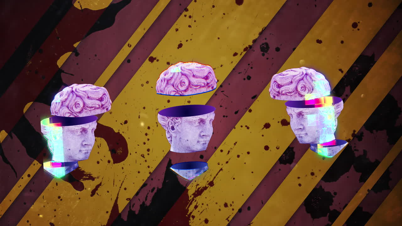 노란색 배경에 갈색 모양의 고대 머리 조각의 애니메이션