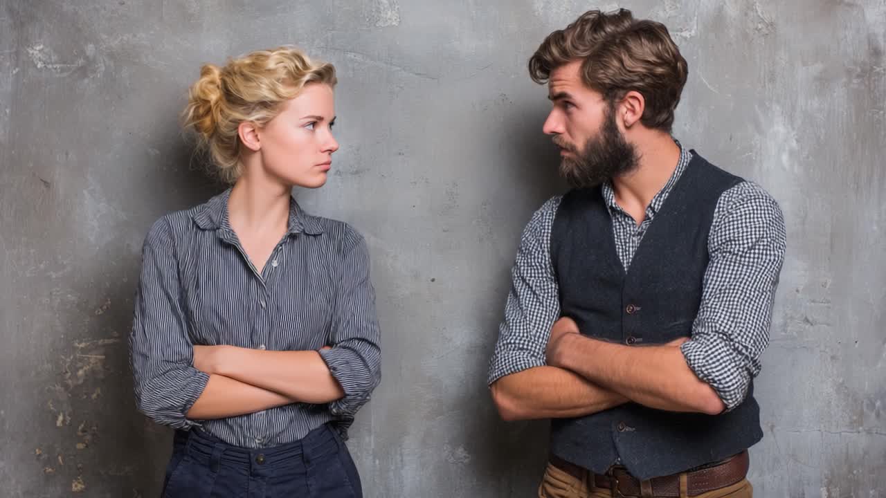 In un momento di tensione, una donna e un uomo si scambiano sguardi carichi, uno di fronte all'altra con le braccia conserte, incarnando conflitto ed emozioni irrisolte su uno sfondo tenue.