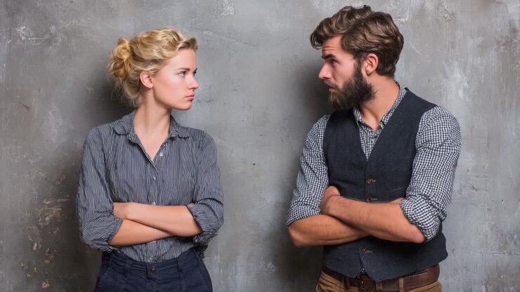 In un momento di tensione, una donna e un uomo si scambiano sguardi carichi, uno di fronte all'altra con le braccia conserte, incarnando conflitto ed emozioni irrisolte su uno sfondo tenue.