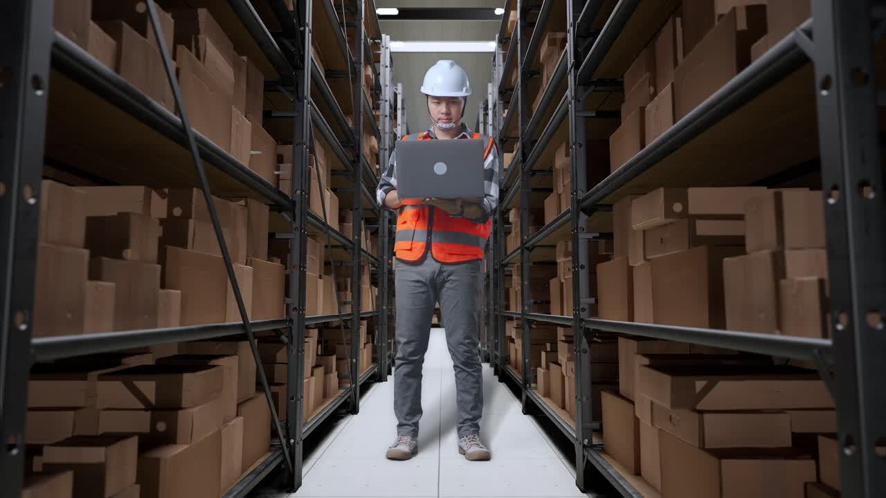 cuerpo lleno de ingeniero masculino asiático con casco de seguridad trabajando en una computadora portátil mientras estaba de pie en el almacén con estantes llenos de bienes de entrega