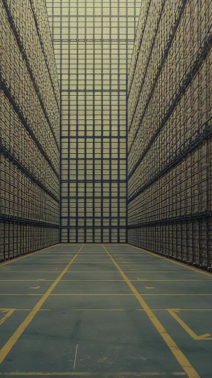 Vertical video: Recording camera capturing central aisle with tall racks and grid wall for records