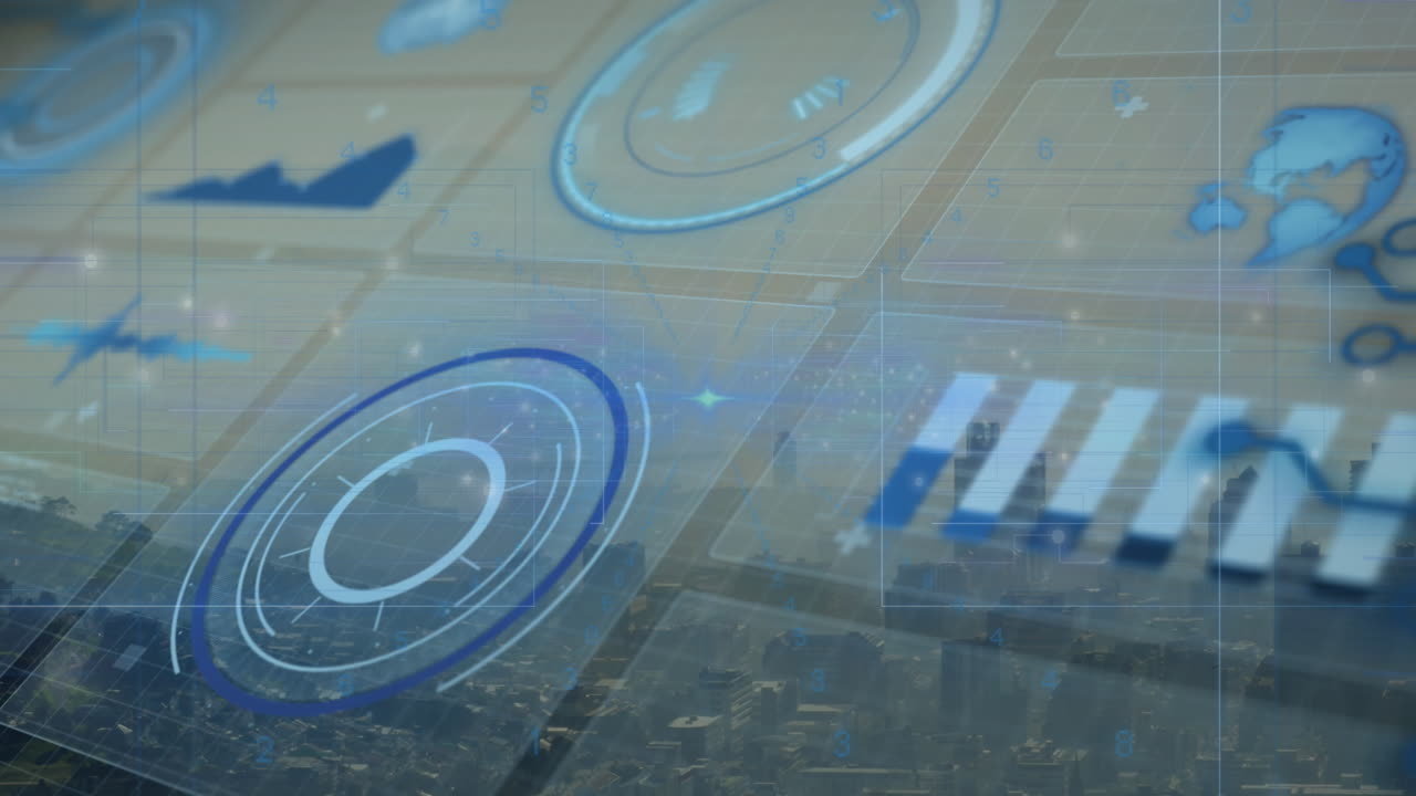 animación del procesamiento de datos financieros sobre el paisaje urbano