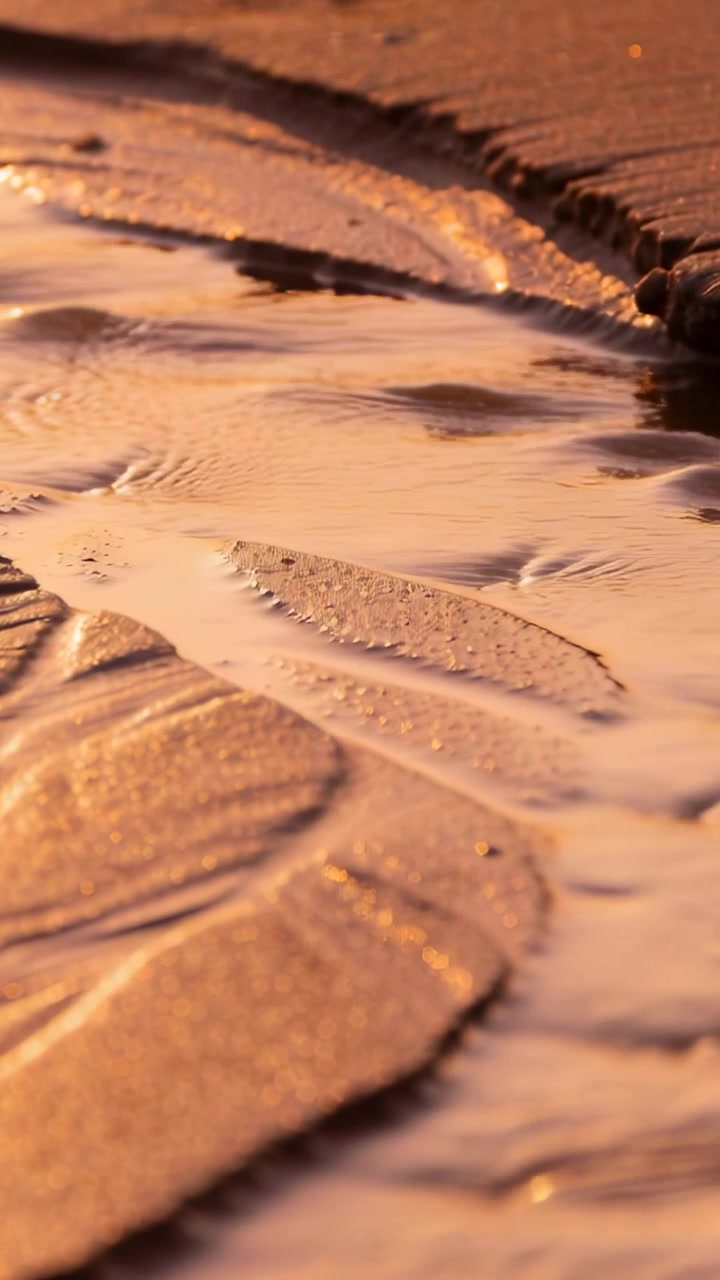 Video verticale: La marea che si ritira trascina un canale d'acqua bassa attraverso una piana di marea, modellando lastre di sabbia.