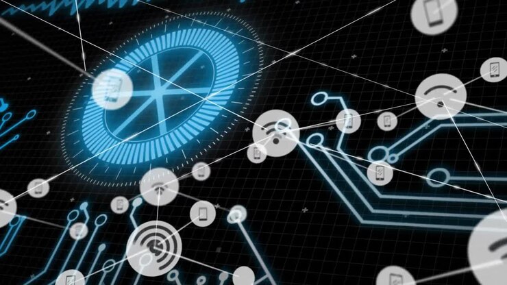 Анимация обработки данных и сети соединений на черном фоне