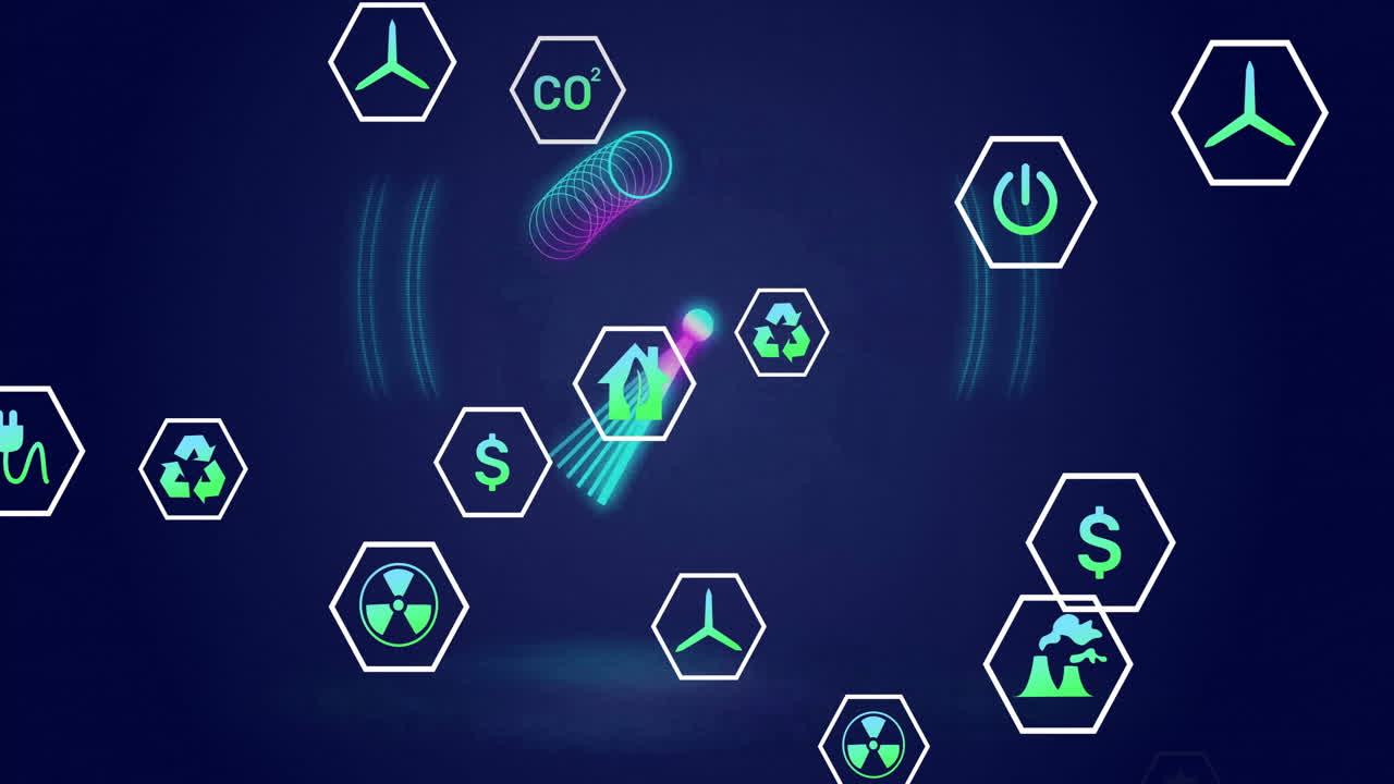 iconos de energía sostenible y reciclaje animación sobre fondo azul oscuro