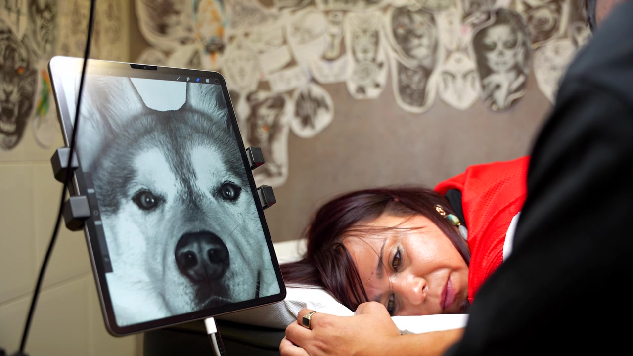 Inquadratura statica di uno schermo con l'immagine di un cane e una donna sdraiata su una barella che si fa fare un tatuaggio