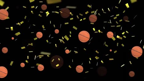 Animación-De-Iconos-De-Baloncesto-Y-Confeti-Sobre-Fondo-Negro