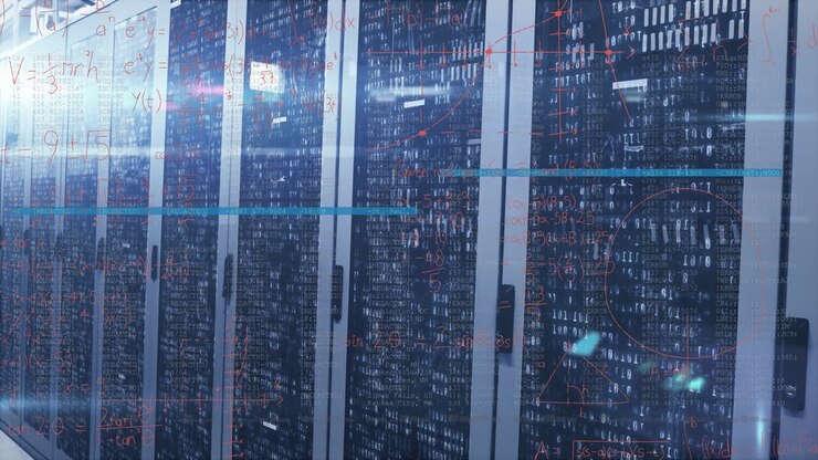 Animation of mathematical equation and lines over binary codes on data server racks