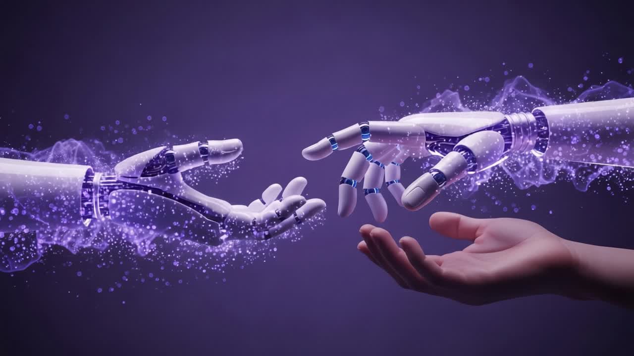 A Futuristic Interaction Between Human and AI: The Visual Representation of Connection Through Robotic Hands Surrounded by Ethereal Energy