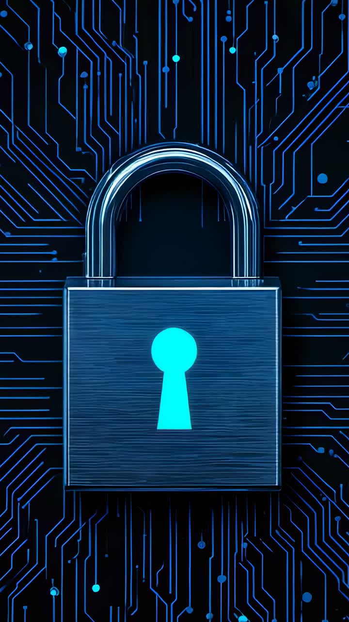 Vertical video: Powering circuit pulsing cyan through traces around locked padlock protecting data