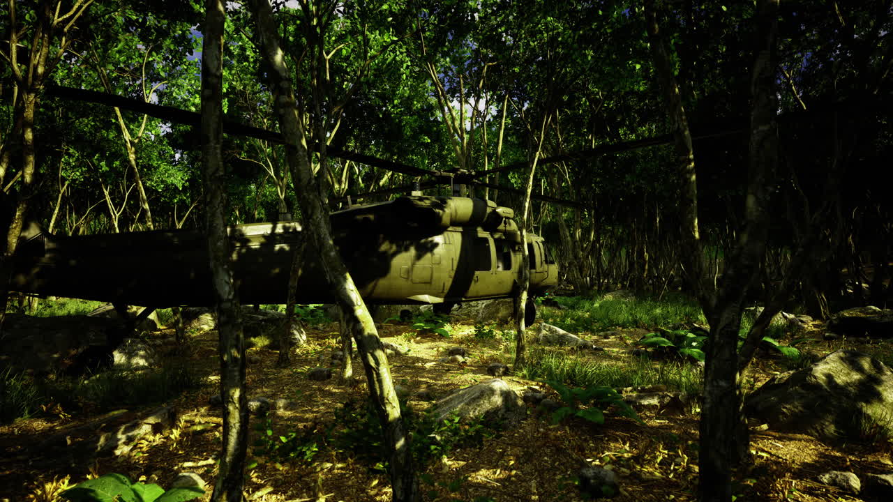 Helicopter lies quietly in the dense forest at dusk under a twilight sky