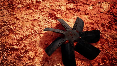 old rusty fan blade on a red wall