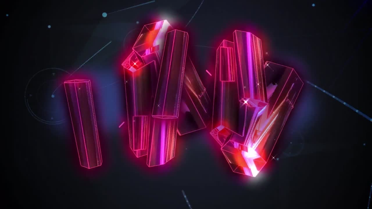 animación de un grupo de formas metálicas rosadas a través de una red de comunicación sobre un fondo negro