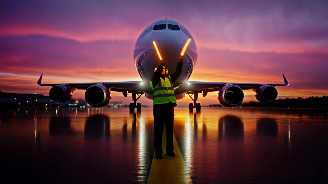 Airport Ground Crew Marshalling an Airplane at Dusk