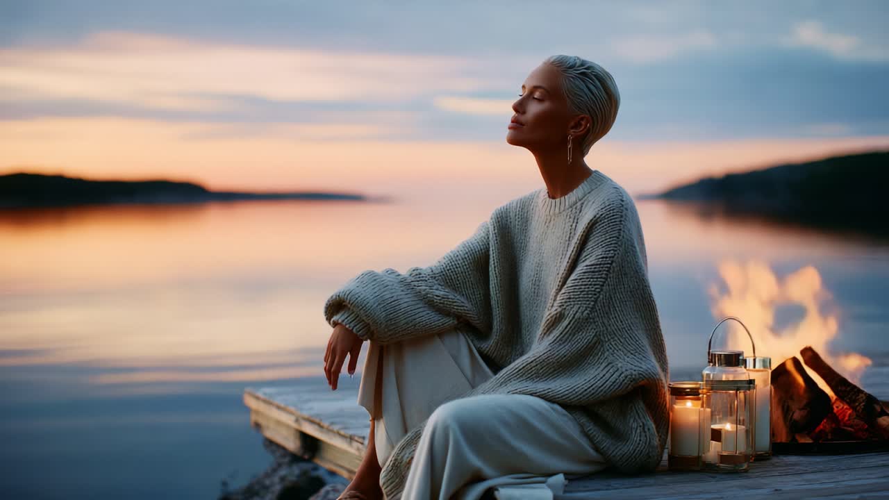 A Serene Evening by the Water: A Tranquil Moment of Reflection with a Peaceful Individual in a Cozy Sweater, Surrounded by Firelight and a Stunning Sunset