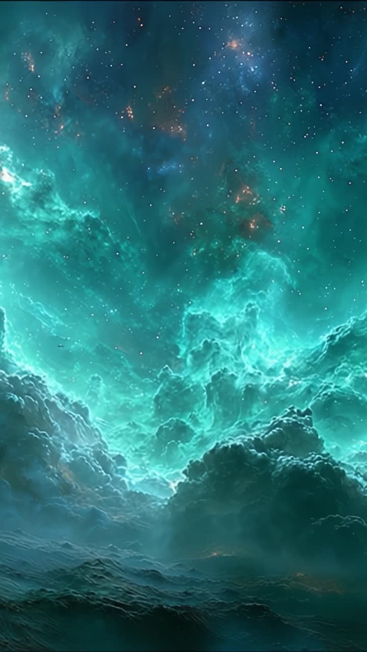 A Stunning Celestial Scene with Ethereal Green Clouds and Sparkling Stars Illuminating the Night Sky, Capturing the Infinite Beauty of the Universe Above
