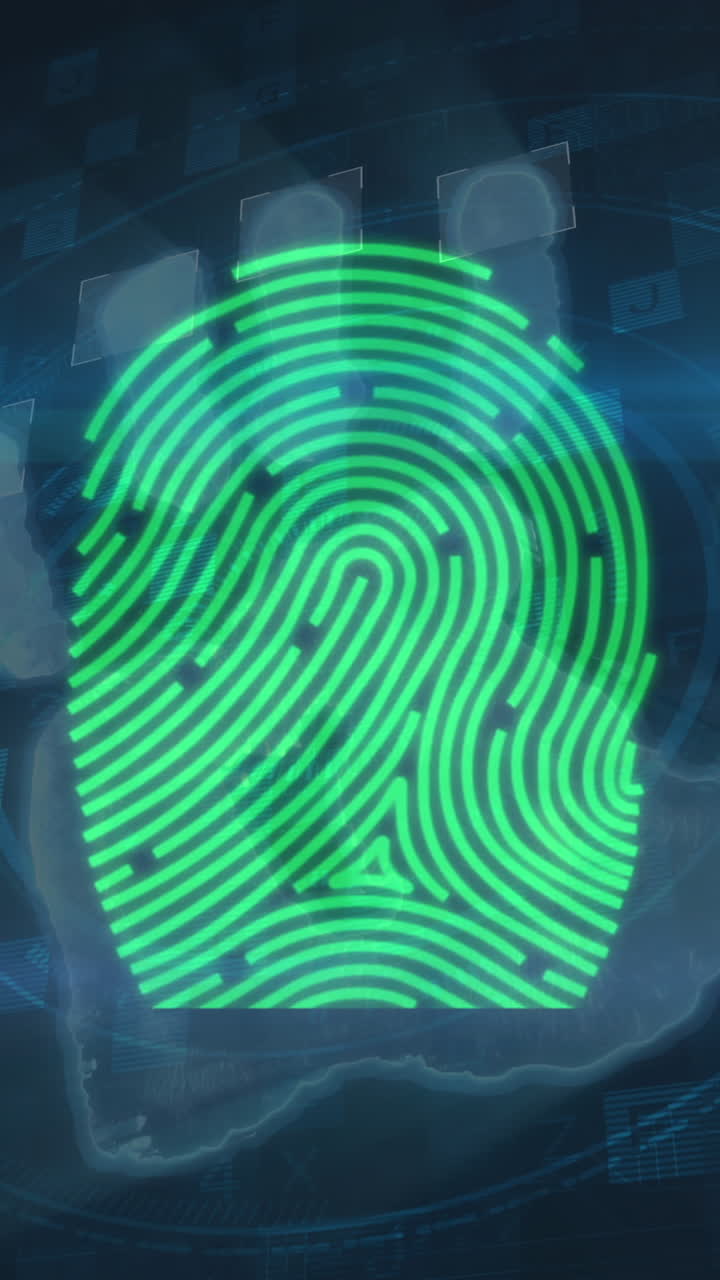 animación digital del escaneo de la mano humana sobre el escáner biométrico de huellas dactilares contra un fondo azul
