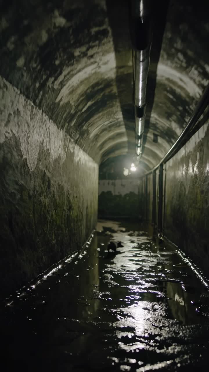 Moody, low-angle video shot of a dimly lit, wet tunnel with reflective surfaces, evoking mystery